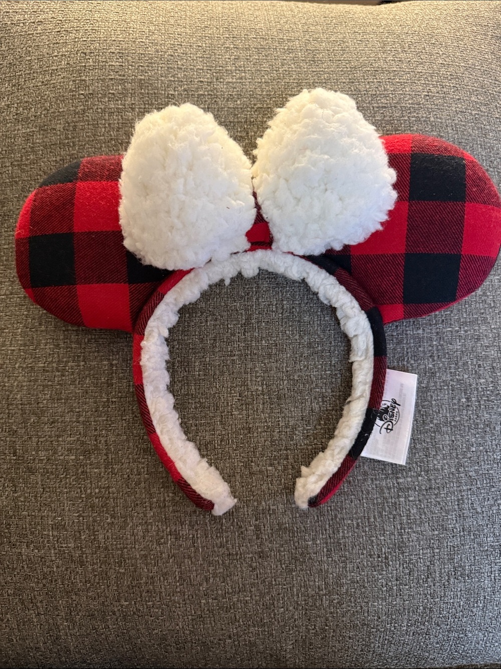 Disney Red and Black Buffalo Plaid Minnie Ear Headband with White Sherpa Bow